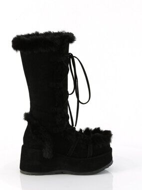 Black Vegan Suede Mid-Calf Boots with Faux Fur Trim and Full Inner Side Zip